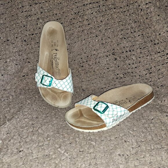BIRKENSTOCK PAPILLIO-Aqua/White Honeycomb Birko Flor-Sz 6-Excellent - Picture 1 of 7